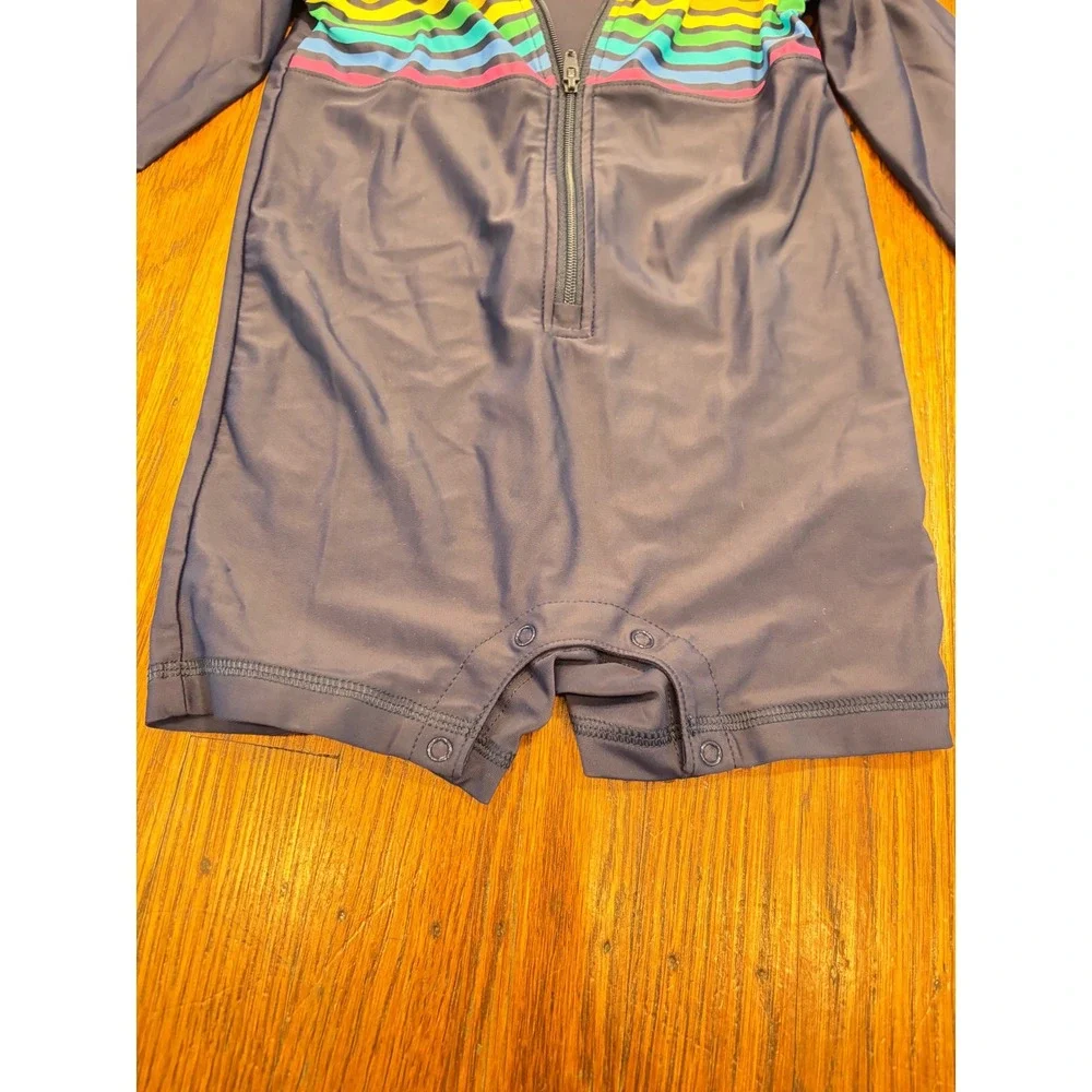 Primary Kids Rainbow Stripe Long Sleeve Rash Guard Romper Navy Blue Size 2